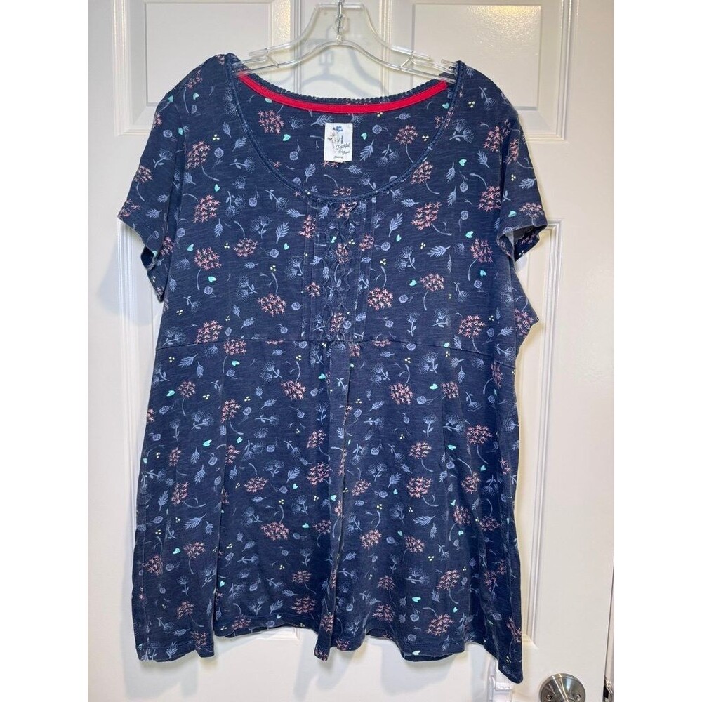 Mantaray 100 Cotton Stretch Navy Floral Short Sleeve Top Women's Size US 18 Boho